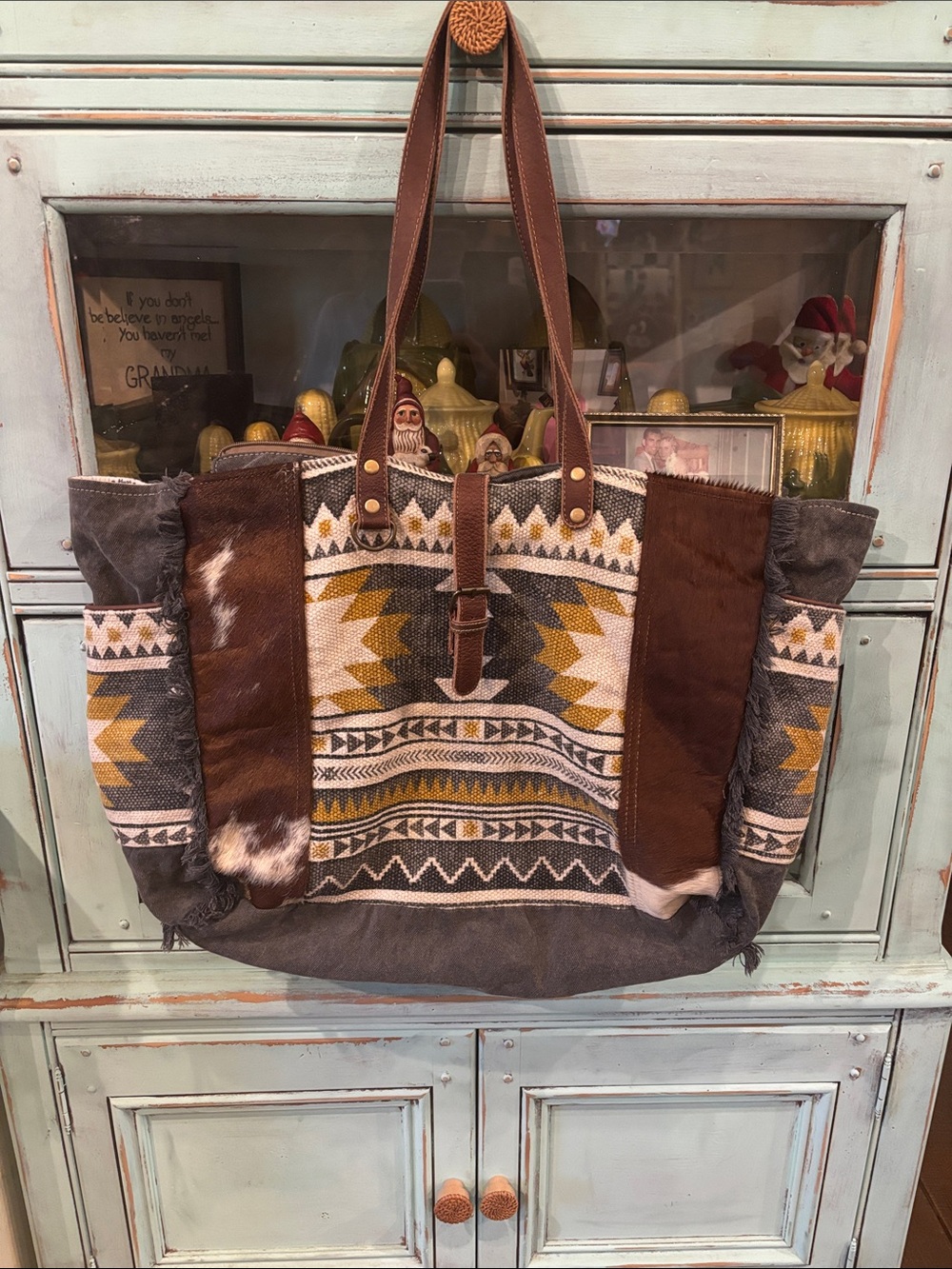 Beautiful overnight travel Myra Boho Aztec Tote Bag in BrownMustard, & cowhide